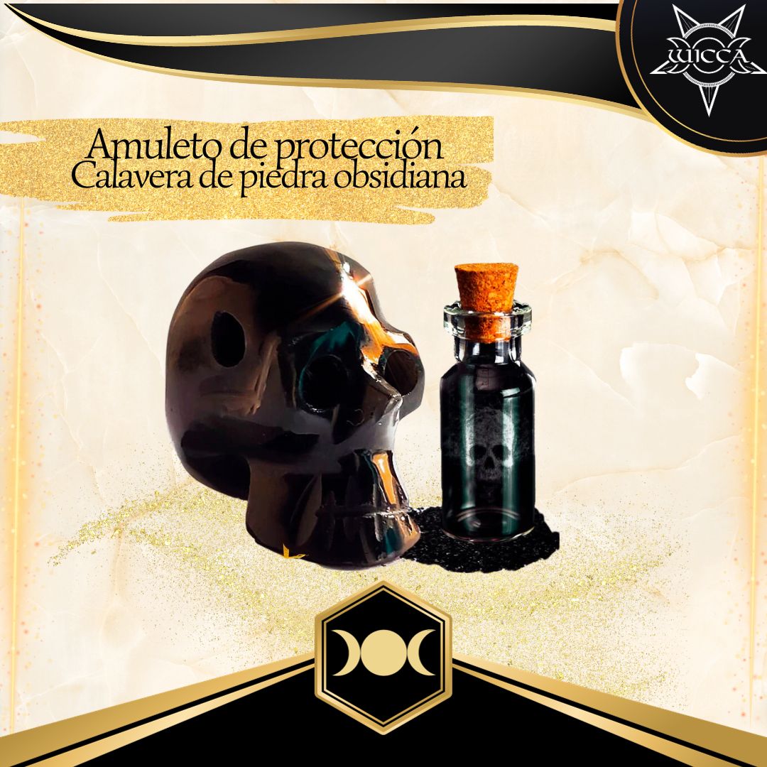 Amuleto de protección: Calavera de piedra obsidiana tallada a mano.